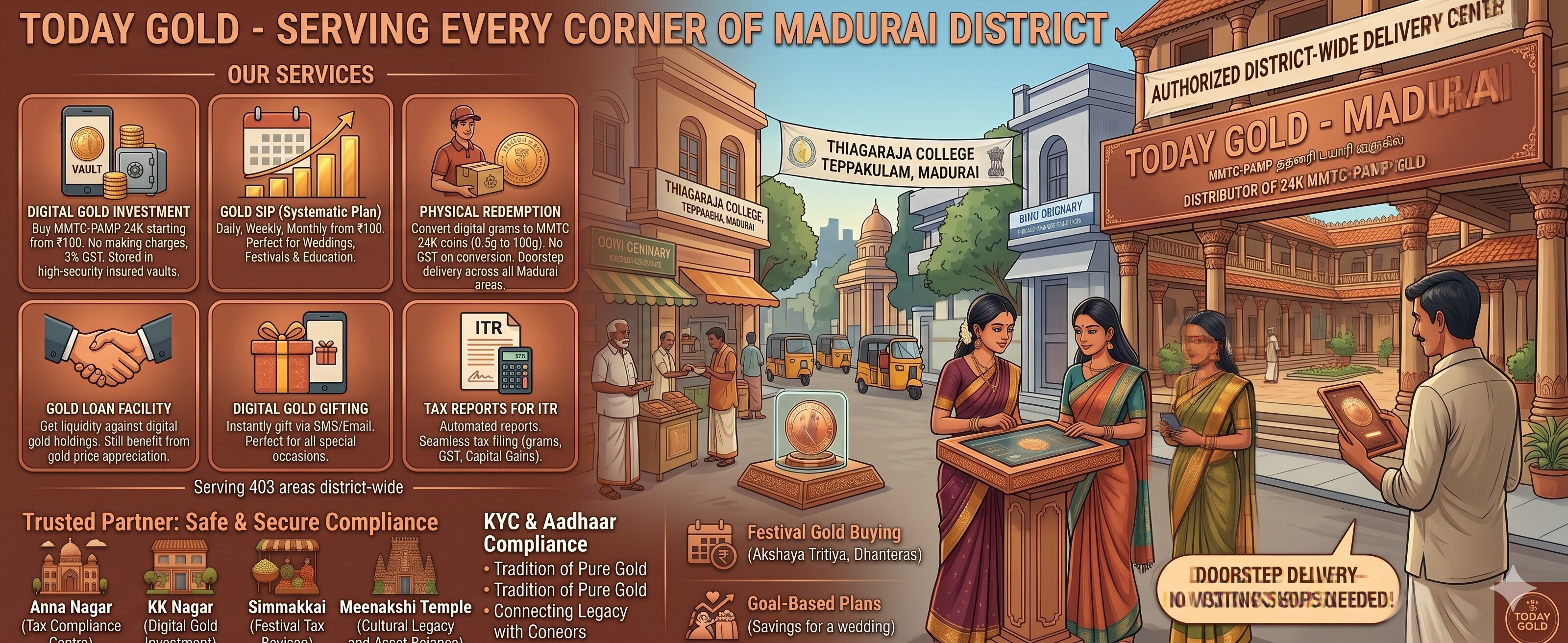 Areas We Serve in Madurai – TODAY GOLD Delivers MMTC-PAMP 24K Gold to Your Doorstep